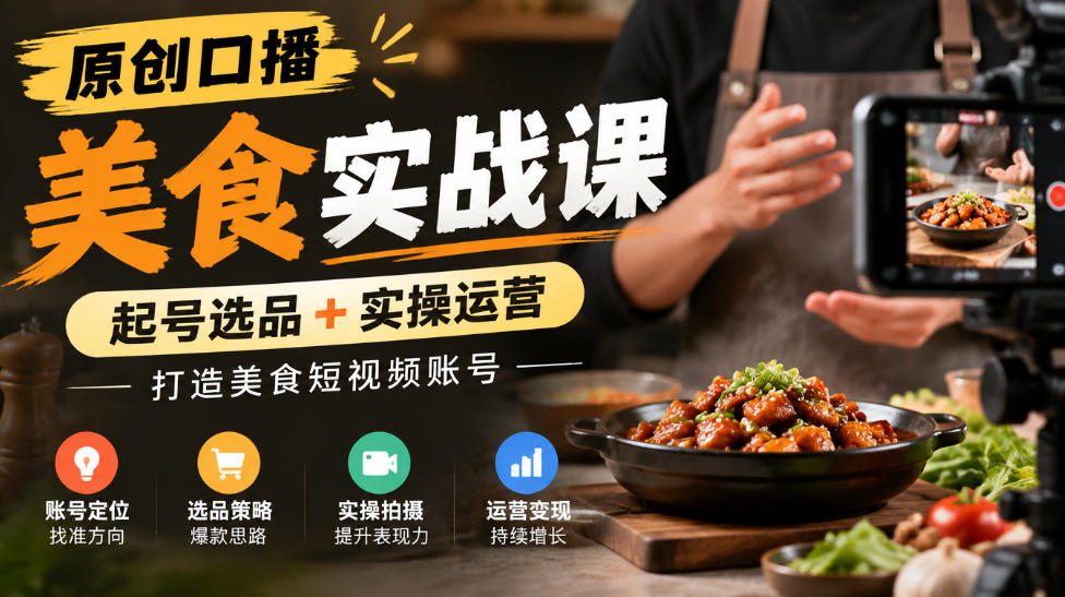 原创口播美食实战课，起号选品+实操运营，打造美食短视频账号-小本创业副业项目推荐_零成本在家赚钱项目_中赚网