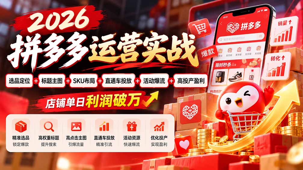 2026拼多多运营实战-更新1002：选品定位+标题主图+SKU布局+直通车投放+活动爆流+高投产盈利 店铺单日利润破万-小本创业副业项目推荐_零成本在家赚钱项目_中赚网