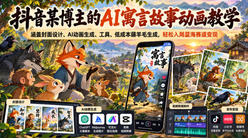 抖音某博主的AI寓言故事动画教学，涵盖封面设计、AI动画生成、工具、低成本薅羊毛生成，轻松入局蓝海赛道变现-小本创业副业项目推荐_零成本在家赚钱项目_中赚网