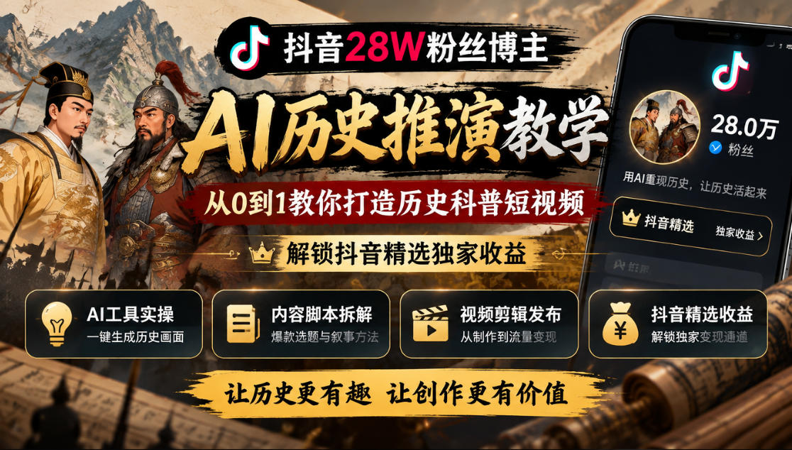 抖音28W粉丝博主的AI历史推演教学，从0到1教你打造历史科普短视频，解锁抖音精选独家收益-小本创业副业项目推荐_零成本在家赚钱项目_中赚网