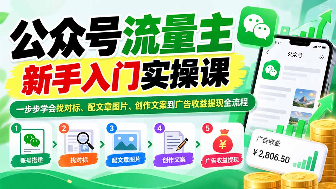 公众号流量主新手入门实操课：一步步学会找对标、配文章图片、创作文案到广告收益提现全流程-小本创业副业项目推荐_零成本在家赚钱项目_中赚网