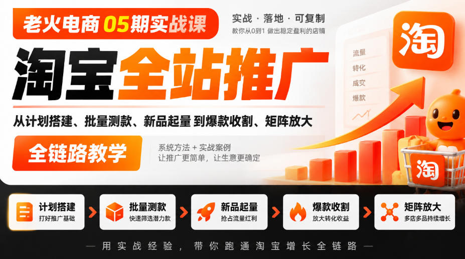 老火电商05期实战课｜淘宝全站推广从计划搭建、批量测款、新品起量到爆款收割、矩阵放大全链路教学-小本创业副业项目推荐_零成本在家赚钱项目_中赚网