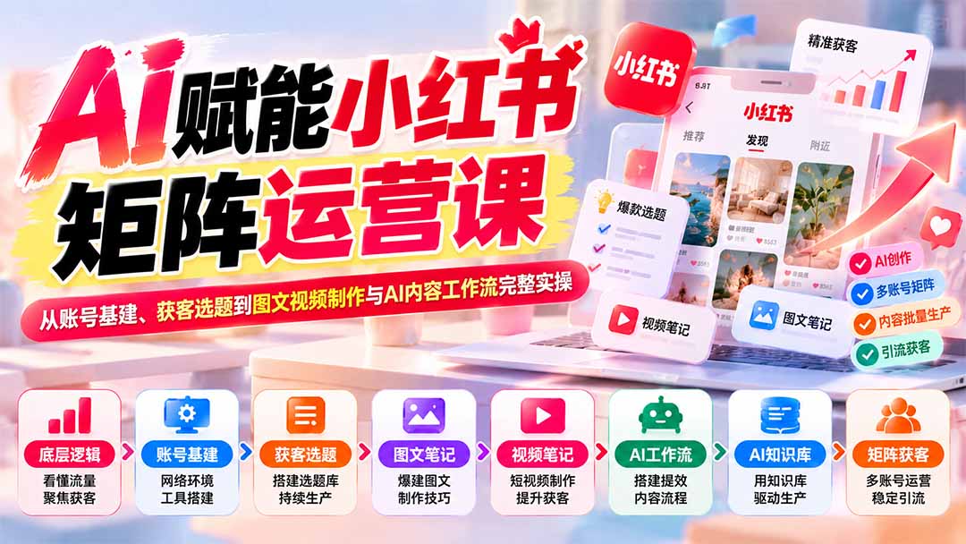 AI赋能小红书矩阵运营课：从账号基建、获客选题到图文视频制作与AI内容工作流完整实操-小本创业副业项目推荐_零成本在家赚钱项目_中赚网
