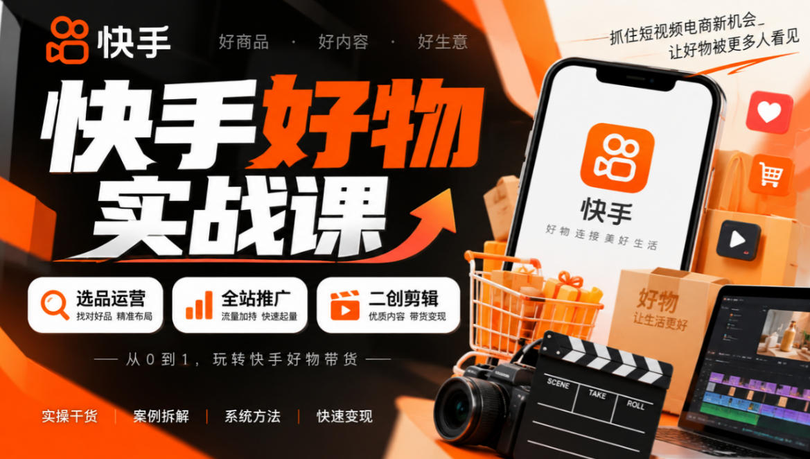 快手好物实战课｜选品运营+全站推广+二创剪辑带货变现-小本创业副业项目推荐_零成本在家赚钱项目_中赚网