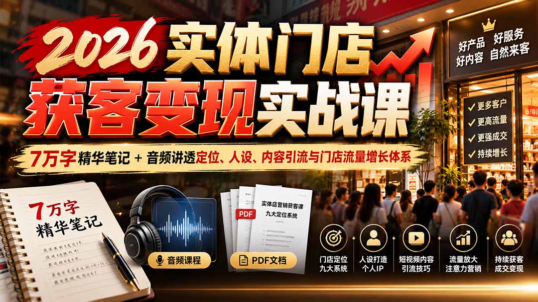 2026实体门店获客变现实战课：7万字精华笔记+音频讲透定位、人设、内容引流与门店流量增长体系-小本创业副业项目推荐_零成本在家赚钱项目_中赚网
