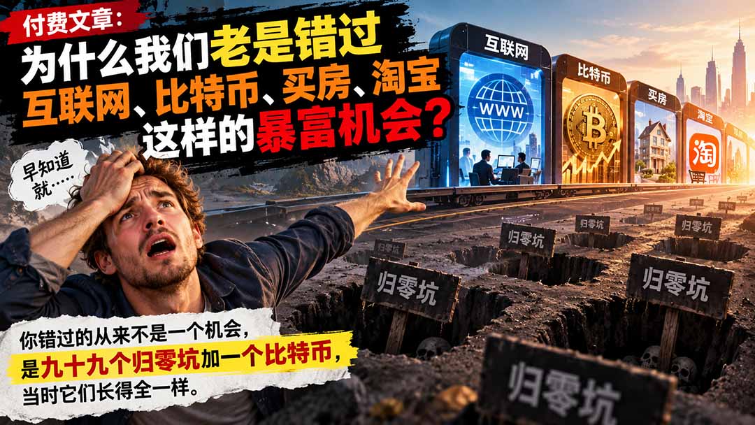 付费文章：为什么我们老是错过互联网、比特币、买 房、淘宝这样的暴富机会？-小本创业副业项目推荐_零成本在家赚钱项目_中赚网