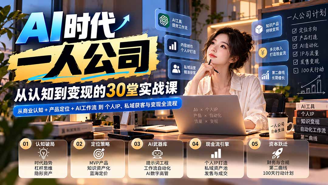 【无水印】AI时代一人公司30堂实战课：从商业认知+产品定位+AI工作流到个人IP、私域获客与变现全流程-小本创业副业项目推荐_零成本在家赚钱项目_中赚网