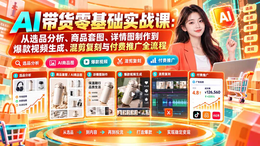 AI带货零基础实战课：从选品分析、商品套图、详情图制作到爆款视频生成、混剪复刻与付费推广全流程-小本创业副业项目推荐_零成本在家赚钱项目_中赚网