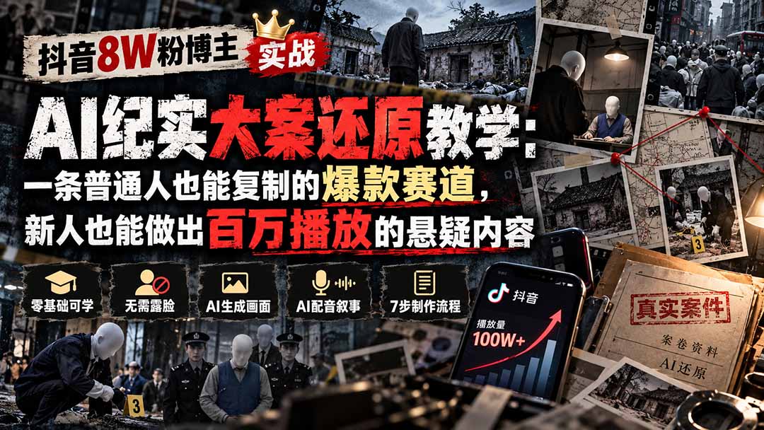 抖音8W粉博主AI纪实大案还原教学：一条普通人也能复制的爆款赛道，新人也能做出百万播放的悬疑内容-小本创业副业项目推荐_零成本在家赚钱项目_中赚网