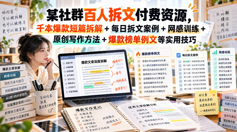 (无水印)某社群百人拆文付费资源，千本爆款短篇拆解+每日拆文案例+网感训练+原创写作方法+爆款榜单例文等实用技巧(更新1009)-小本创业副业项目推荐_零成本在家赚钱项目_中赚网