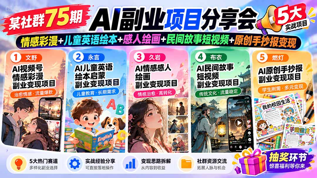 某社群75期AI副业项目分享会：情感彩漫+儿童英语绘本+感人绘画+民间故事短视频+原创手抄报变现-小本创业副业项目推荐_零成本在家赚钱项目_中赚网
