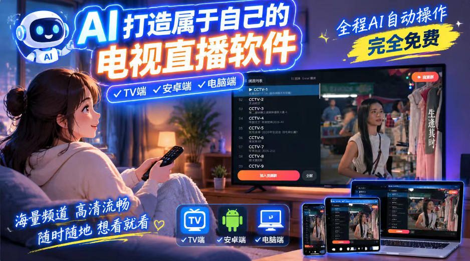 一个提示词，AI全自动做出电视直播软件，电脑、安卓、电视三端通用，完全免费，画质流畅不卡顿-小本创业副业项目推荐_零成本在家赚钱项目_中赚网