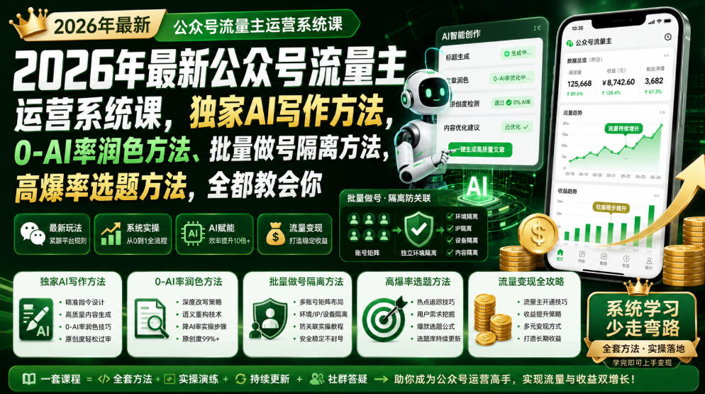 2026年最新公众号流量主运营系统课，独家AI写作方法，0-AI率润色方法、批量做号隔离方法、高爆率选题方法，全都教会你(更新1009)-小本创业副业项目推荐_零成本在家赚钱项目_中赚网