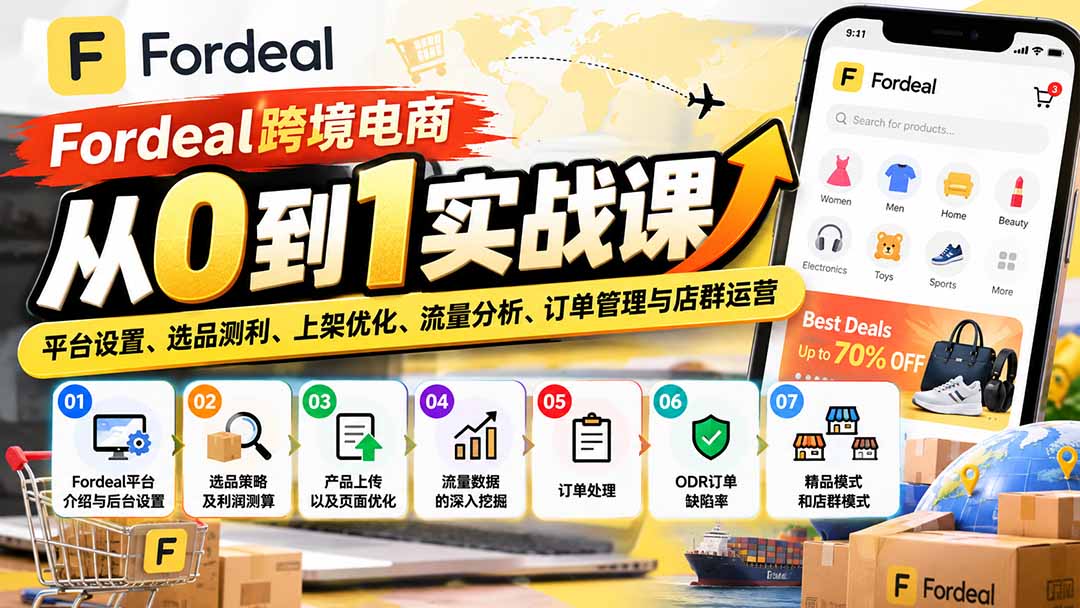 Fordeal跨境电商从0到1实战课：平台设置、选品测利、上架优化、流量分析、订单管理与店群运营-小本创业副业项目推荐_零成本在家赚钱项目_中赚网