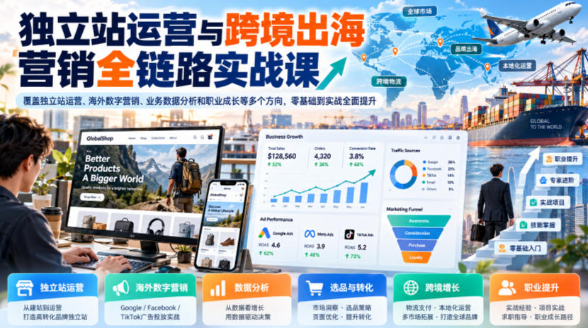 独立站运营与跨境出海营销全链路实战课，覆盖独立站运营、海外数字营销、业务数据分析和职业成长等多个方向，零基础到实战全面提升-小本创业副业项目推荐_零成本在家赚钱项目_中赚网