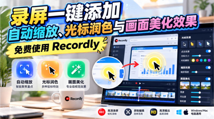 录屏一键添加自动缩放、光标润色与画面美化效果，免费使用Recordly-小本创业副业项目推荐_零成本在家赚钱项目_中赚网