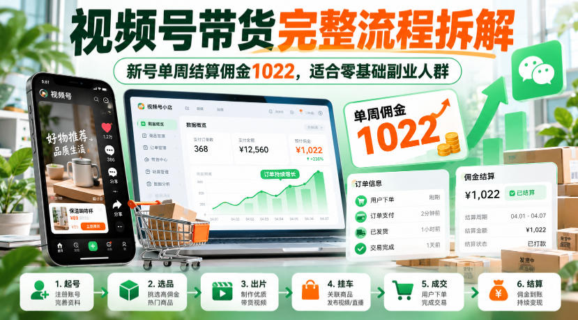 视频号带货完整流程拆解，新号单周结算佣金1022，适合零基础副业人群-小本创业副业项目推荐_零成本在家赚钱项目_中赚网