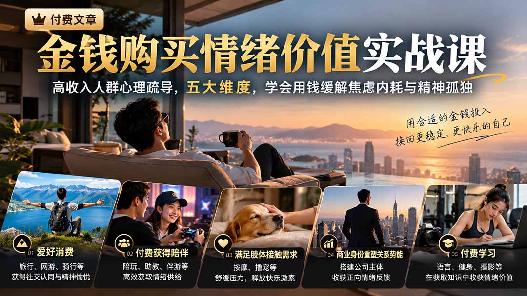 付费文章：金钱购买情绪价值实战课｜高收入人群心理疏导，五大维度，学会用钱缓解焦虑内耗与精神孤独-小本创业副业项目推荐_零成本在家赚钱项目_中赚网