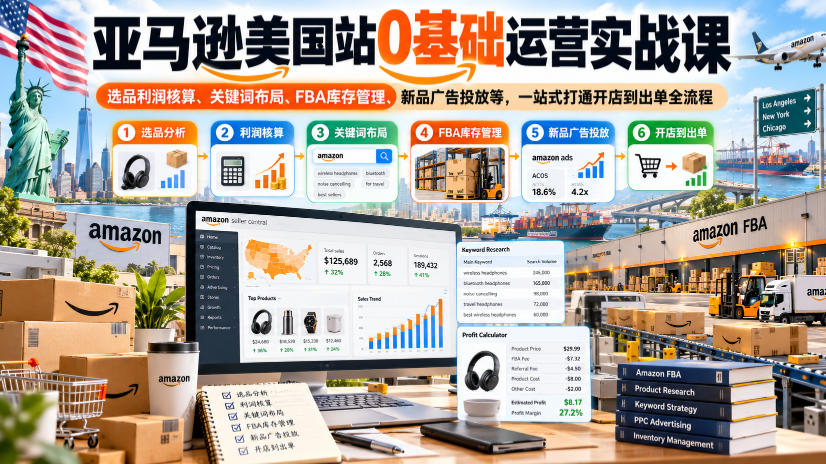 亚马逊美国站0基础运营实战课｜选品利润核算、关键词布局、FBA库存管理、新品广告投放等，一站式打通开店到出单全流程-小本创业副业项目推荐_零成本在家赚钱项目_中赚网