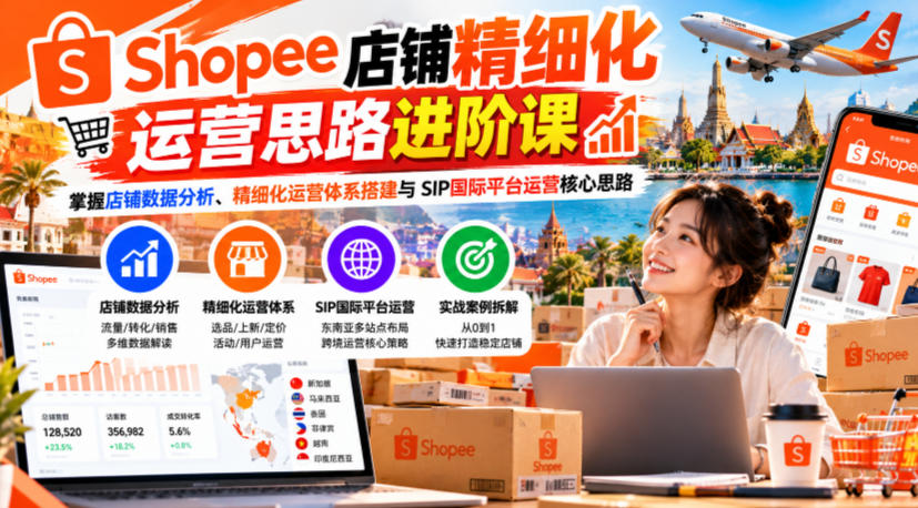 Shopee店铺精细化运营思路进阶课，掌握店铺数据分析、精细化运营体系搭建与SIP国际平台运营核心思路-小本创业副业项目推荐_零成本在家赚钱项目_中赚网