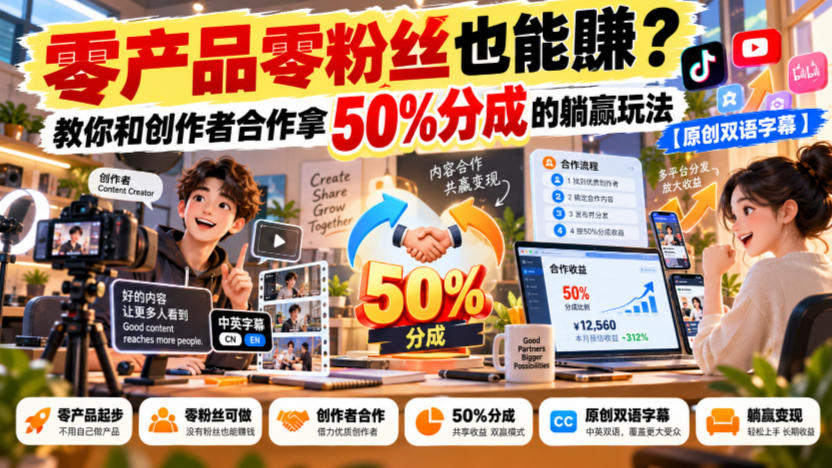 【无水印】零产品零粉丝也能賺？教你和创作者合作拿50%分成的躺赢玩法【原创双语字幕】-小本创业副业项目推荐_零成本在家赚钱项目_中赚网
