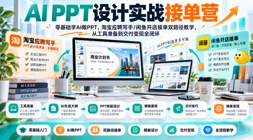 AI PPT设计实战接单营｜零基础学AI做PPT，淘宝应聘写手/闲鱼开店接单双路径教学，从工具准备到交付变现全闭环-小本创业副业项目推荐_零成本在家赚钱项目_中赚网