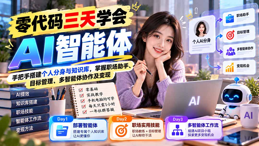 【无水印】零代码三天学会AI智能体：手把手搭建个人分身与知识库，掌握职场助手、目标管理、多智能体协作及变现-小本创业副业项目推荐_零成本在家赚钱项目_中赚网
