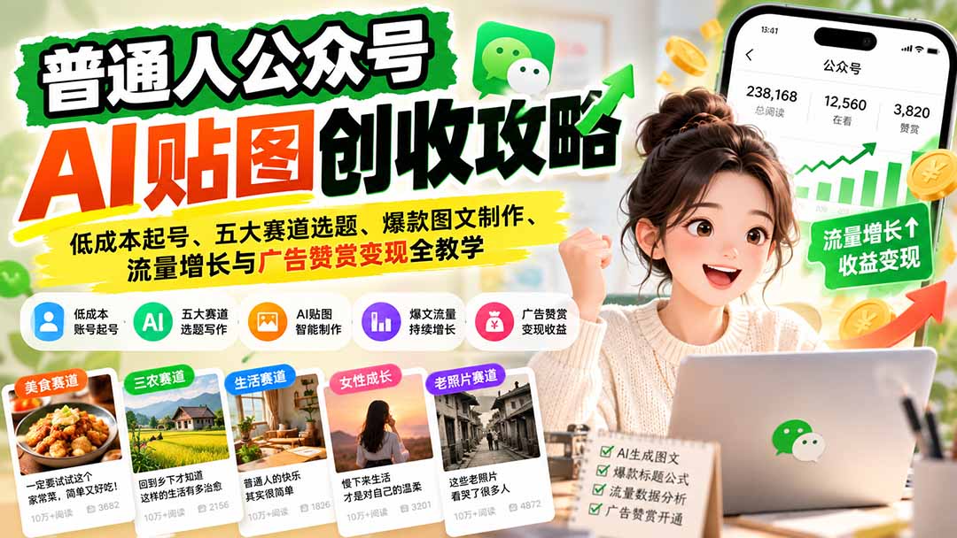 普通人公众号AI贴图创收攻略：低成本起号、五大赛道选题、爆款图文制作、流量增长与广告赞赏变现全教学-小本创业副业项目推荐_零成本在家赚钱项目_中赚网