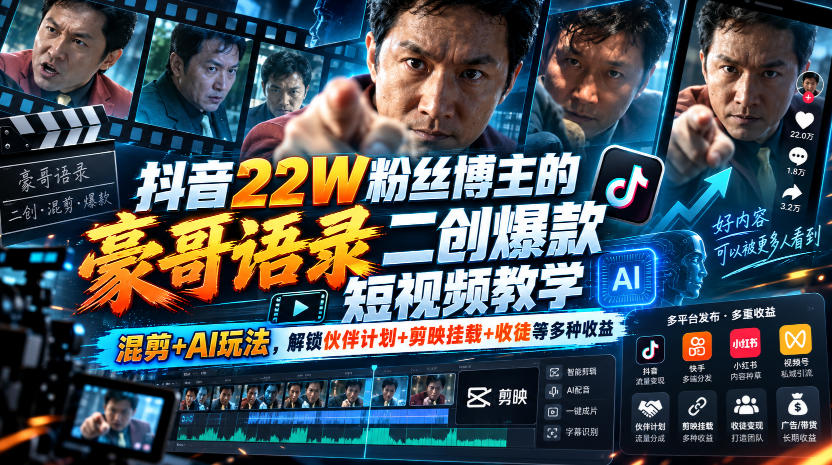 抖音22W粉丝博主的豪哥语录二创爆款短视频教学，混剪+AI玩法，解锁伙伴计划+剪映挂载+收徒等多种收益-小本创业副业项目推荐_零成本在家赚钱项目_中赚网
