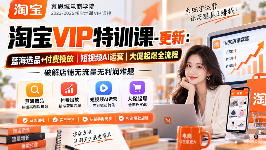 淘宝VIP特训课-更新1016：蓝海选品+付费投放｜短视频AI运营｜大促起爆全流程，破解店铺无流量无利润难题-小本创业副业项目推荐_零成本在家赚钱项目_中赚网