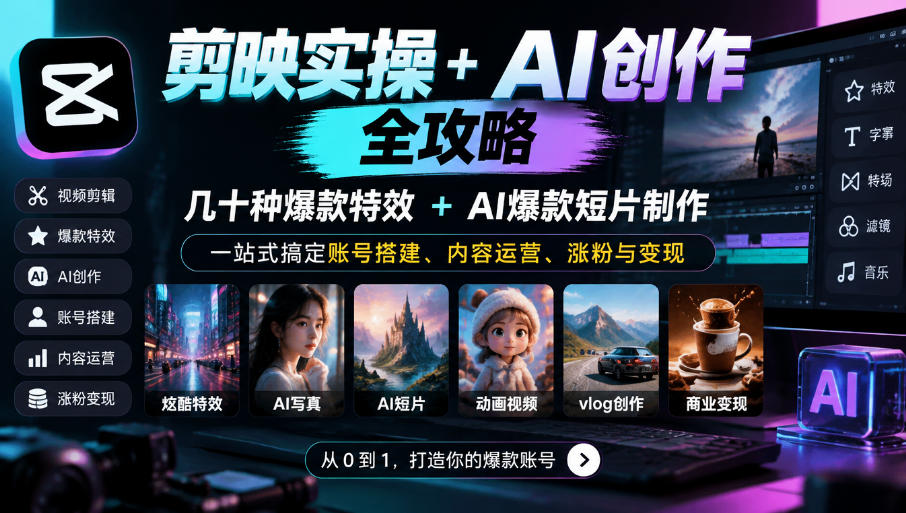 剪映实操+AI创作全攻略｜几十种爆款特效+AI爆款短片制作，一站式搞定账号搭建、内容运营、涨粉与变现-小本创业副业项目推荐_零成本在家赚钱项目_中赚网
