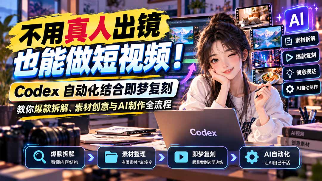 不用真人出镜也能做短视频！Codex自动化结合即梦复刻，教你爆款拆解、素材创意与AI制作全流程-小本创业副业项目推荐_零成本在家赚钱项目_中赚网