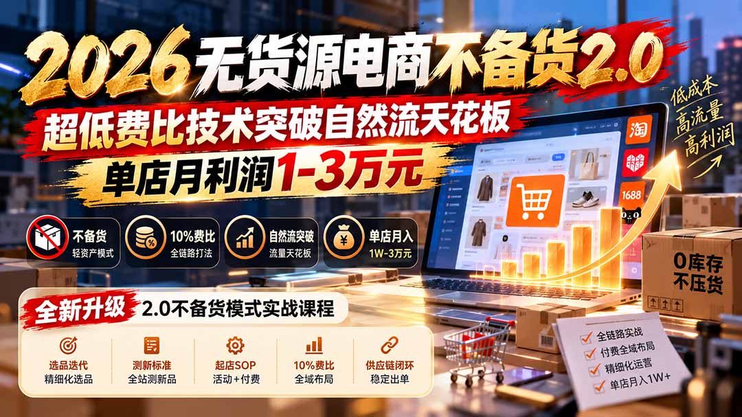 2026无货源电商不备货2.0【更新1019】：超低费比技术突破自然流天花板，单店月利润1-3万元-小本创业副业项目推荐_零成本在家赚钱项目_中赚网