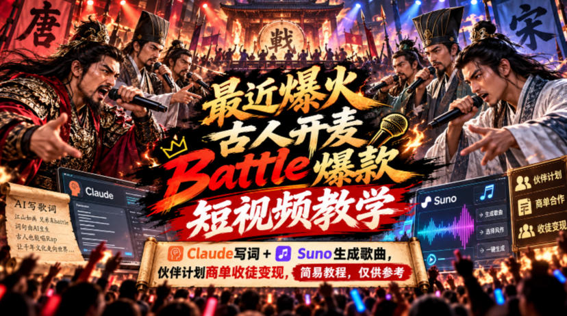 最近爆火古人开麦Battle爆款短视频教学，Claude写词+Suno生成歌曲，伙伴计划商单收徒变现，简易教程，仅供参考-小本创业副业项目推荐_零成本在家赚钱项目_中赚网