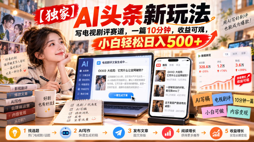 【独家】AI头条新玩法，写电视剧评赛道，一篇10分钟，收益可观，小白轻松日入500+-小本创业副业项目推荐_零成本在家赚钱项目_中赚网