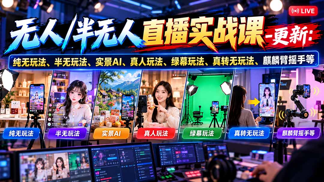 无人/半无人直播实战课-10月20更新：纯无玩法、半无玩法、实景AI、真人玩法、绿幕玩法、真转无玩法、麒麟臂摇手等-小本创业副业项目推荐_零成本在家赚钱项目_中赚网