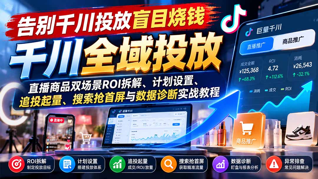 告别千川投放盲目烧钱：直播商品双场景ROI拆解、计划设置、追投起量、搜索抢首屏与数据诊断实战教程-小本创业副业项目推荐_零成本在家赚钱项目_中赚网