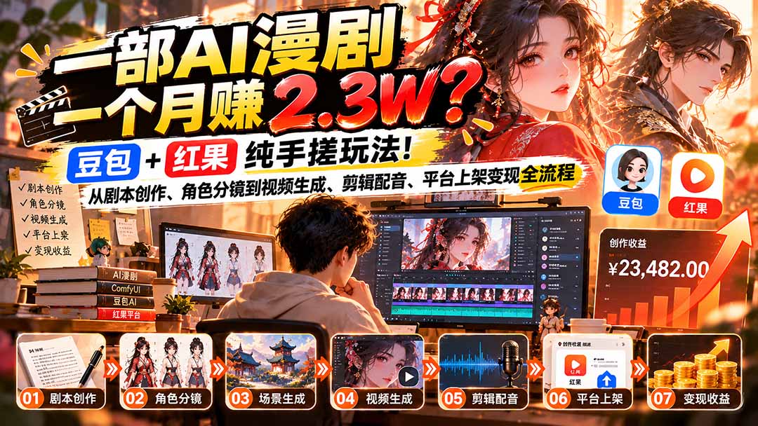 一部AI漫剧一个月赚2.3W？豆包+红果纯手搓玩法！从剧本创作、角色分镜到视频生成、剪辑配音、平台上架变现全流程-小本创业副业项目推荐_零成本在家赚钱项目_中赚网
