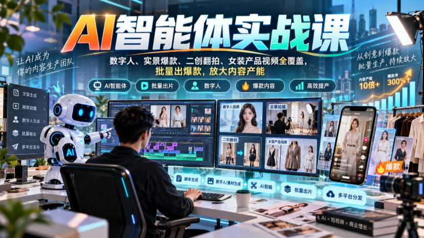 AI智能体实战课，数字人、实景爆款、二创翻拍、女装产品视频全覆盖，批量出爆款，放大内容产能-小本创业副业项目推荐_零成本在家赚钱项目_中赚网