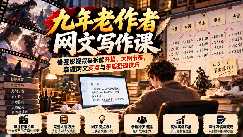 九年老作者网文写作课：借鉴影视叙事拆解开篇、大纲节奏，掌握网文爽点与矛盾搭建技巧-小本创业副业项目推荐_零成本在家赚钱项目_中赚网