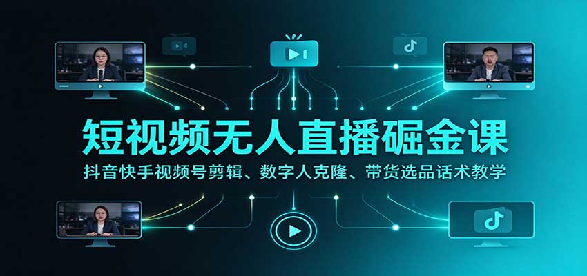 短视频无人直播掘金课：抖音快手视频号剪辑、数字人克隆、带货选品话术教学-小本创业副业项目推荐_零成本在家赚钱项目_中赚网
