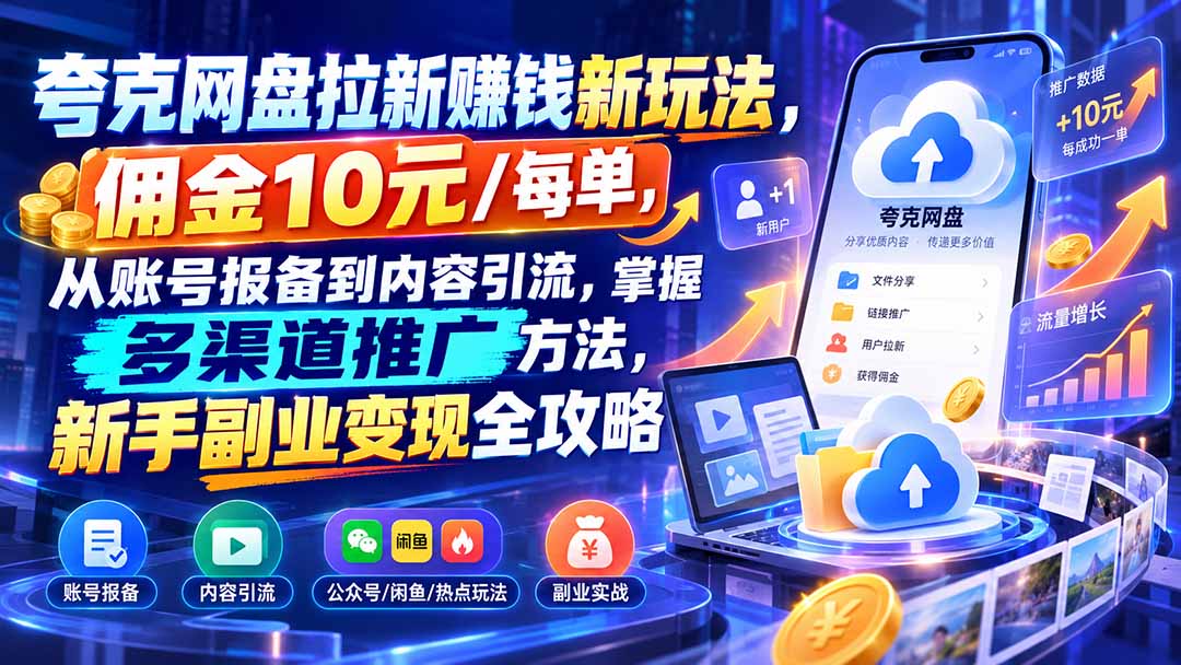 夸克网盘拉新赚钱新玩法，佣金10元/每单，从账号报备到内容引流，掌握多渠道推广方法，新手副业变现全攻略-小本创业副业项目推荐_零成本在家赚钱项目_中赚网