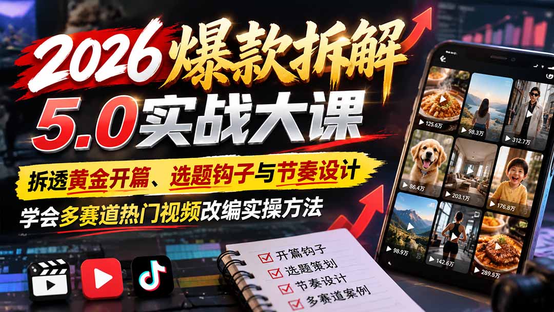 2026爆款拆解5.0实战大课：拆透黄金开篇、选题钩子与节奏设计，学会多赛道热门视频改编实操方法-小本创业副业项目推荐_零成本在家赚钱项目_中赚网