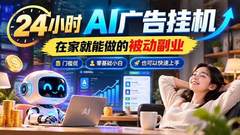 24小时AI广告挂机|在家就能做的被动副业,门槛低,零基础小白也可以快速上手-小本创业副业项目推荐_零成本在家赚钱项目_中赚网