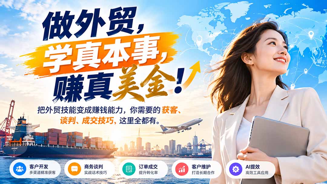 做外贸，学真本事，赚真美金！把外贸技能变成赚钱能力，你需要的获客、谈判、成交技巧，这里全都有-小本创业副业项目推荐_零成本在家赚钱项目_中赚网