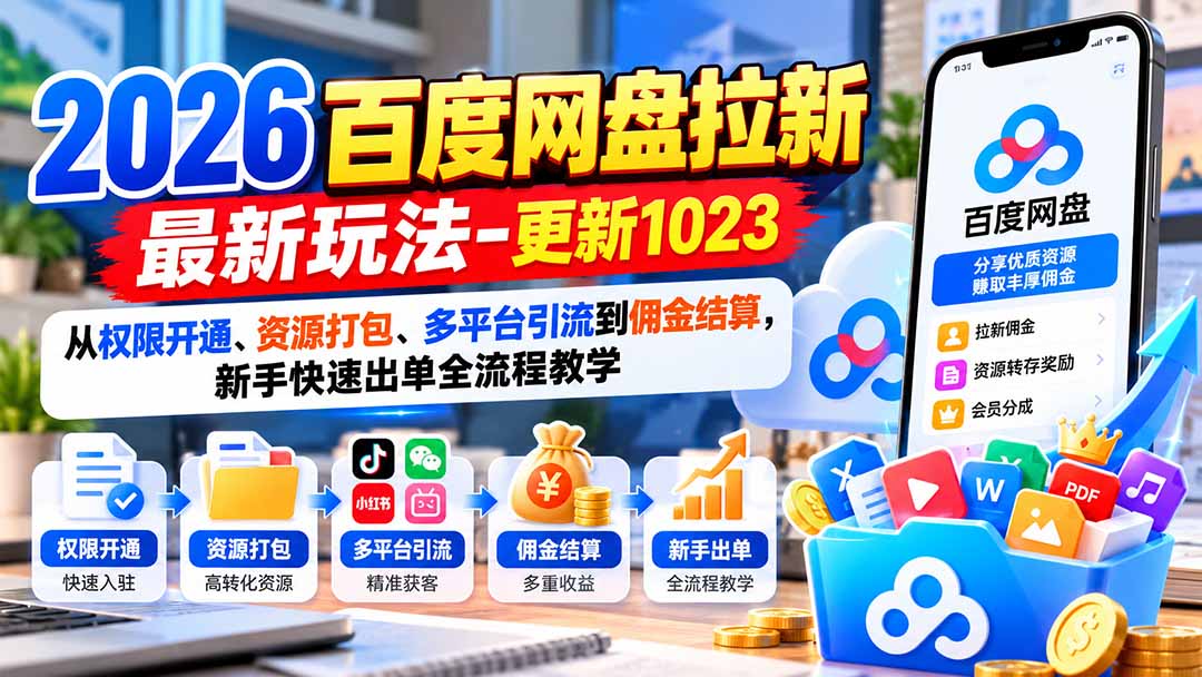 2026百度网盘拉新最新玩法-更新1023:从权限开通、资源打包、多平台引流到佣金结算,新手快速出单全流程教学-小本创业副业项目推荐_零成本在家赚钱项目_中赚网