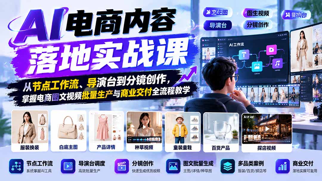 AI电商内容落地实战课:从节点工作流、导演台到分镜创作,掌握电商图文视频批量生产与商业交付全流程教学-小本创业副业项目推荐_零成本在家赚钱项目_中赚网