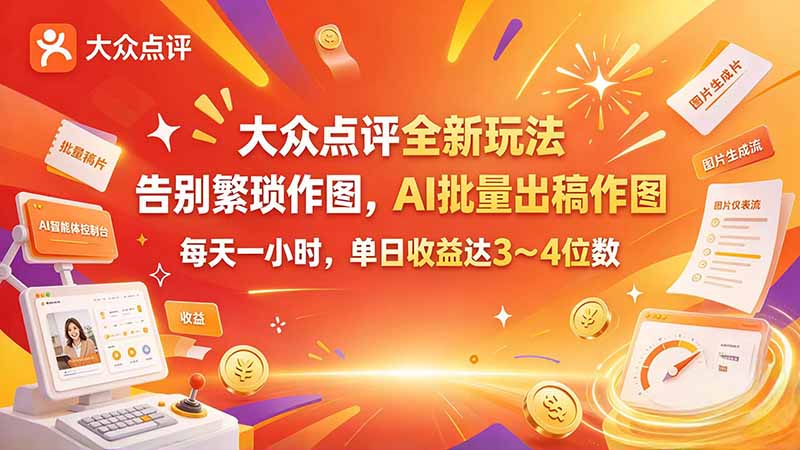 大众点评全新玩法,不用繁琐作图,AI 批量出稿作图,每天一小时,单日收益达 3~4 位数-小本创业副业项目推荐_零成本在家赚钱项目_中赚网