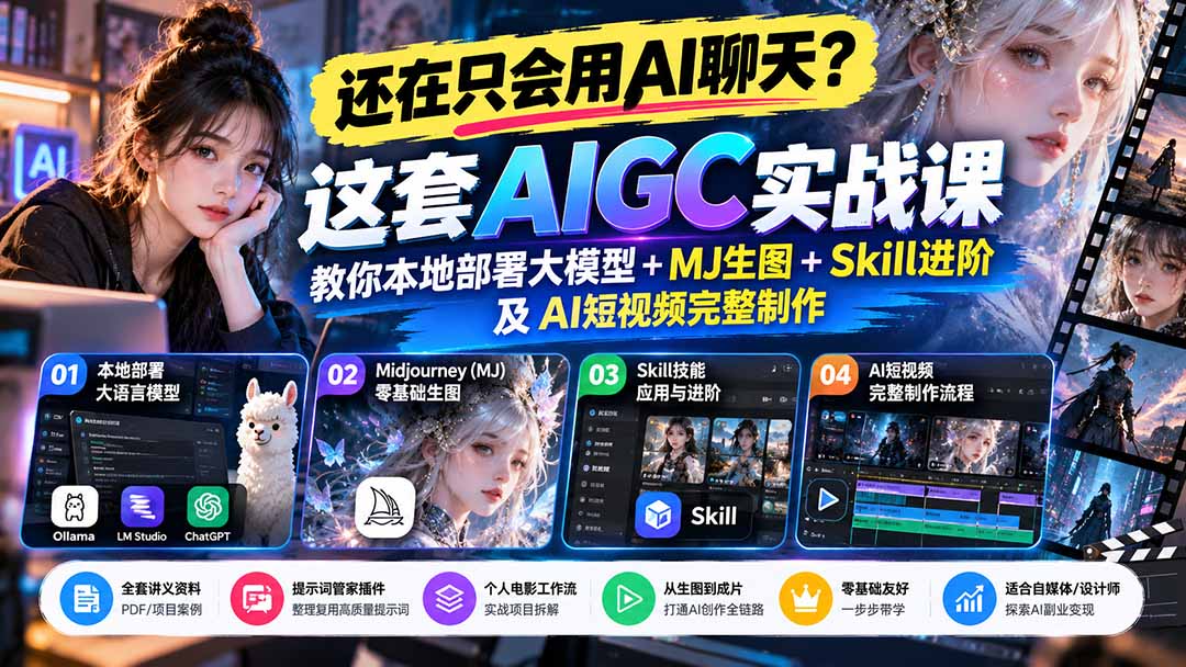 【无水印】还在只会用AI聊天?这套AIGC实战课教你本地部署大模型+MJ生图+Skill进阶及AI短视频完整制作-小本创业副业项目推荐_零成本在家赚钱项目_中赚网