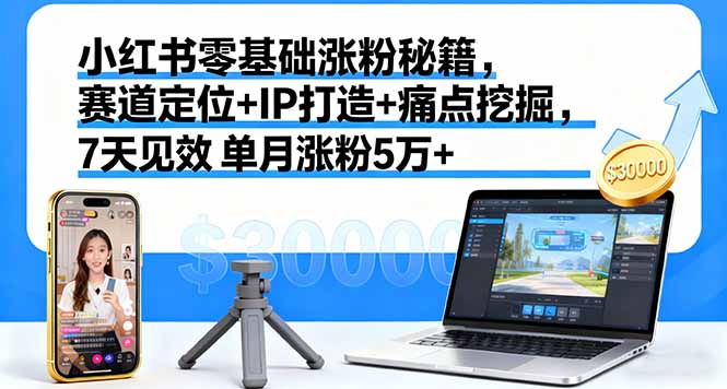 小红书零基础涨粉秘籍，赛道定位+IP打造+痛点挖掘，7天见效 单月涨粉5万+-小本创业副业项目推荐_零成本在家赚钱项目_中赚网